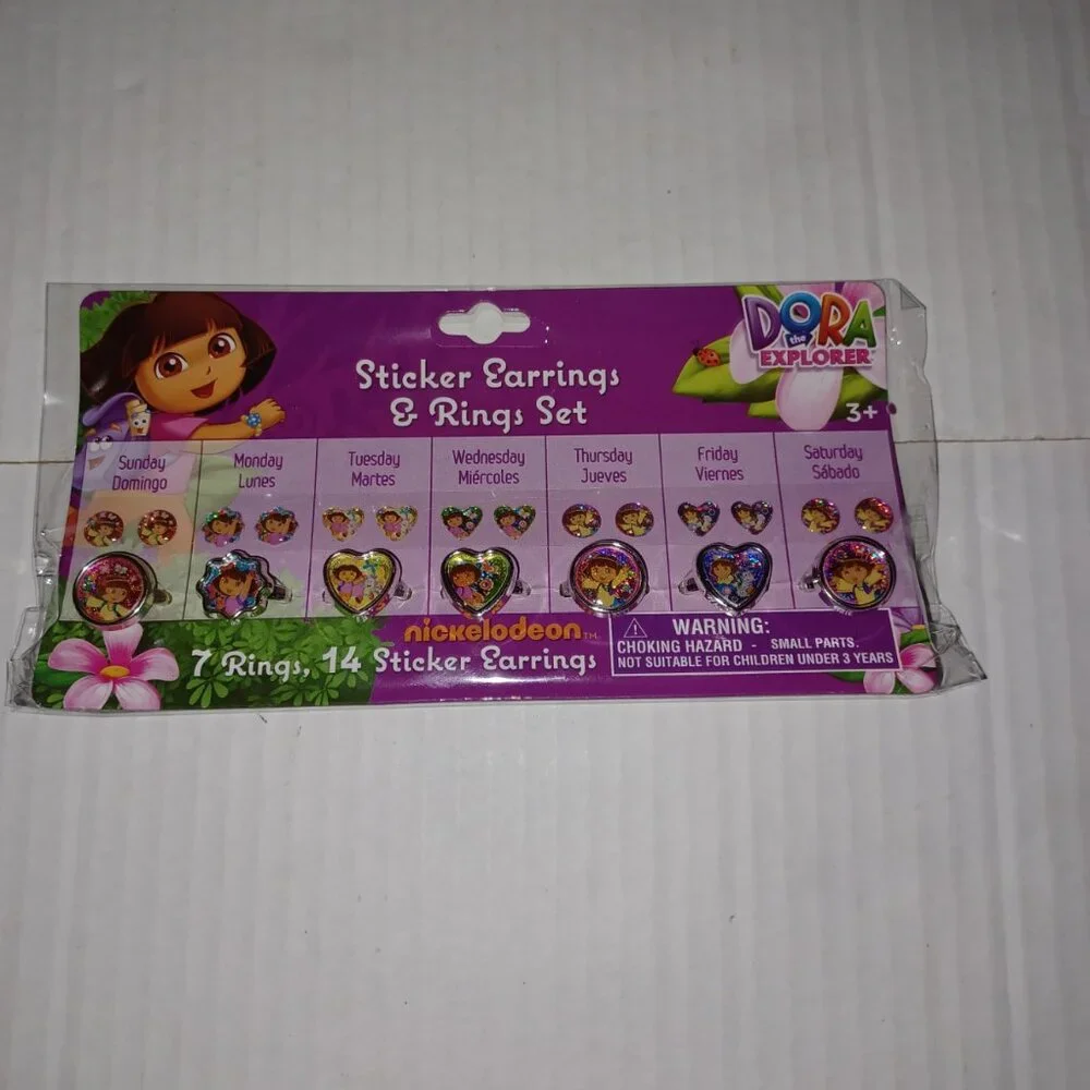 NICKELODEON DORA THE EXPLORER STICKER EARRINGS & RING SET GIRLS AGE 3+